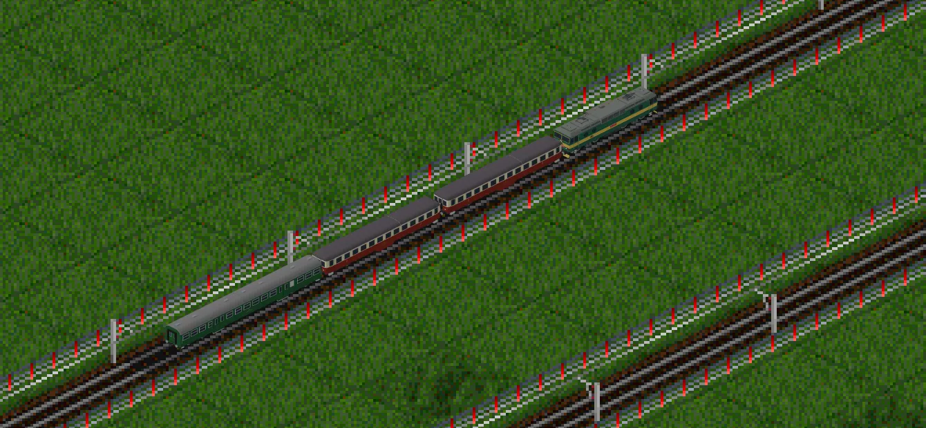 OpenTTD at 2x zoom: a green CD 163 electric locomotive pulling two red CSD Bam coaches and a green Bdmtee coach under the catenary, all from a GRF exported from the Rail Island Factory